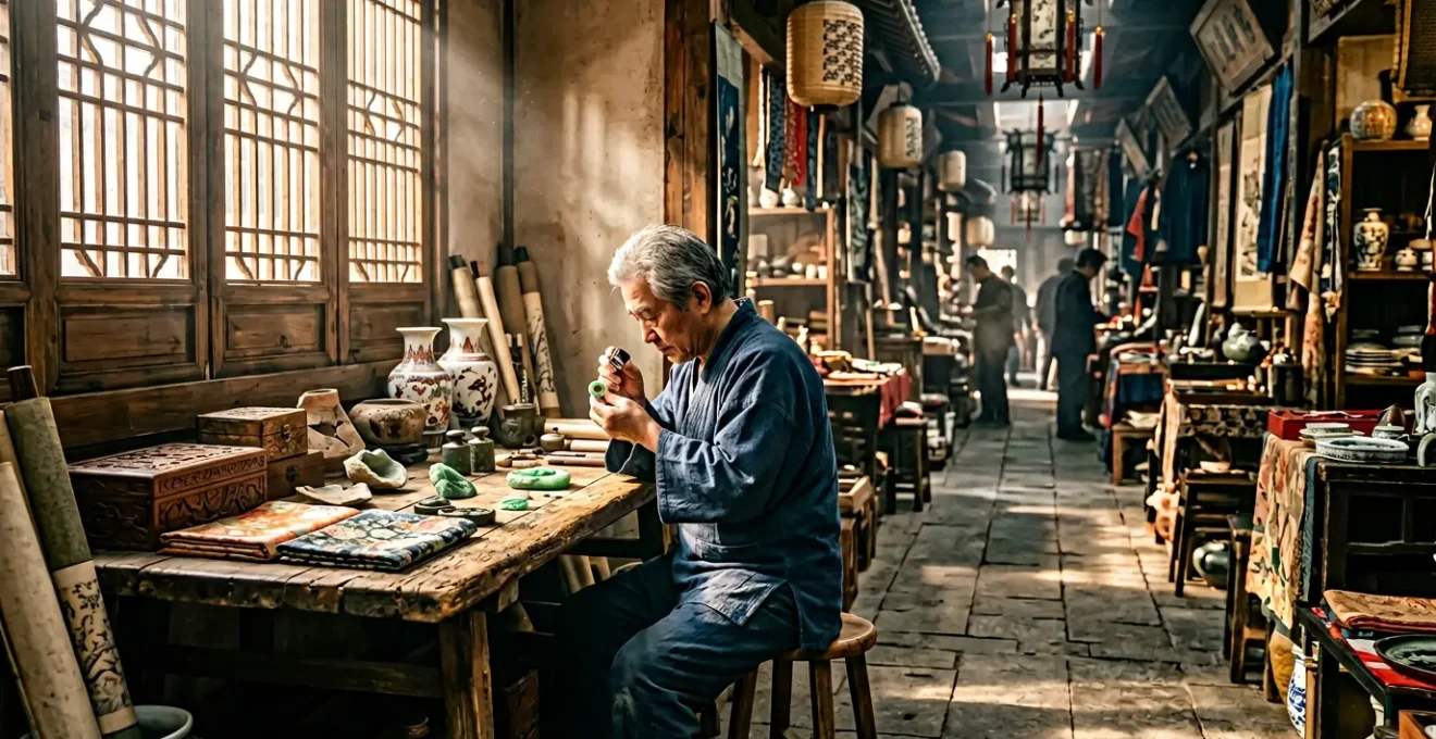Expert examining jade artifacts with magnifying glass in traditional antique market setting
