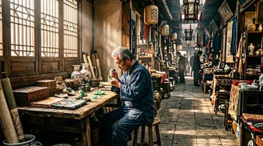 Expert examining jade artifacts with magnifying glass in traditional antique market setting