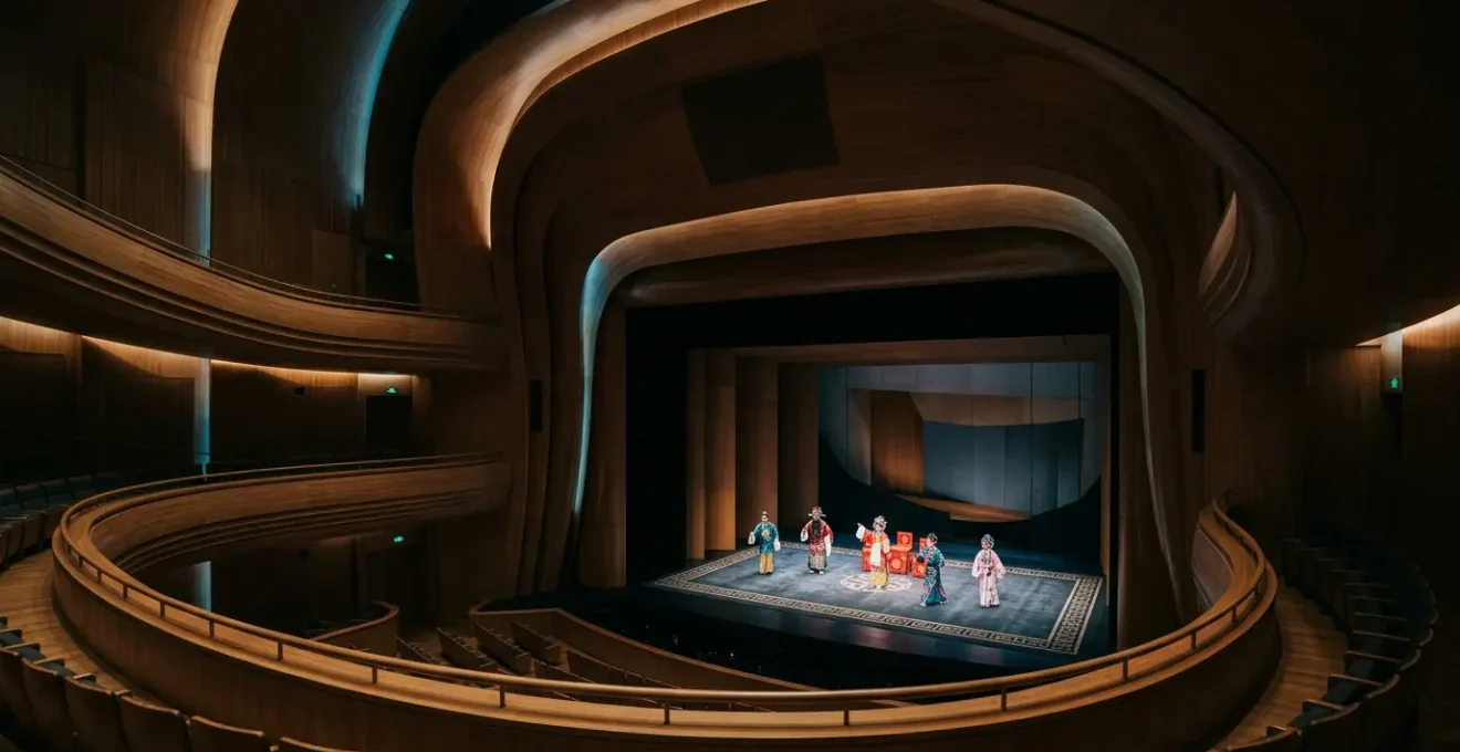 Cantonese opera performers in elaborate costumes on stage at Hong Kong's Xiqu Centre