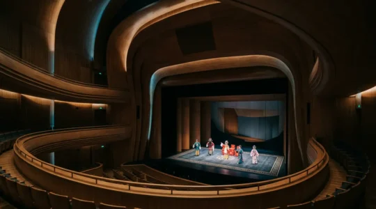 Cantonese opera performers in elaborate costumes on stage at Hong Kong's Xiqu Centre