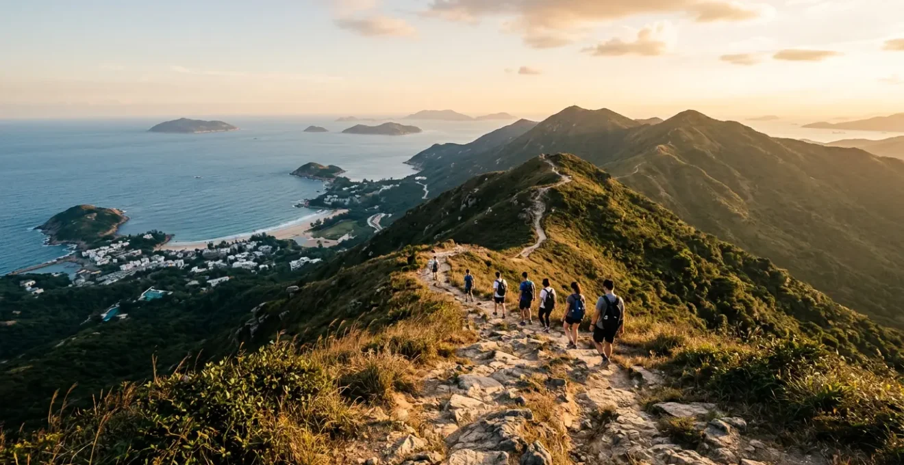 Panoramic view of Dragon's Back ridge trail with hikers on the mountain spine overlooking ocean and islands