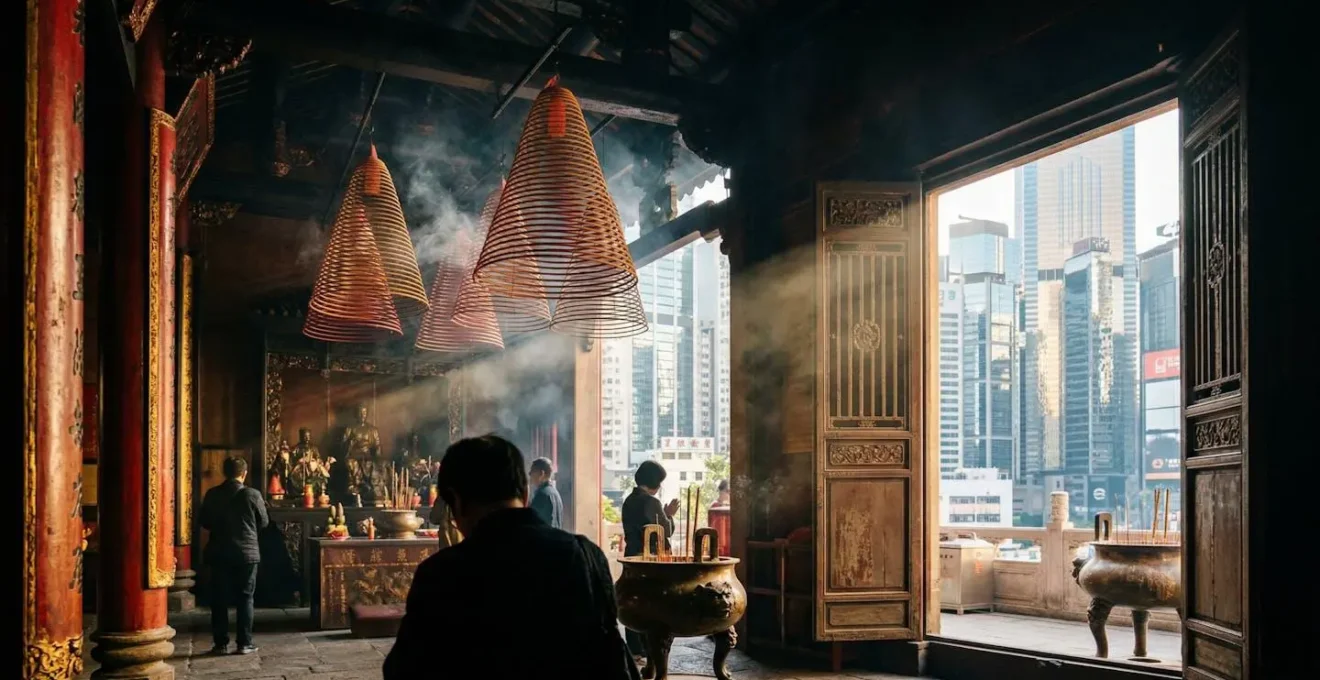 Ancient temple incense coils hanging with Hong Kong skyline visible through traditional doorway