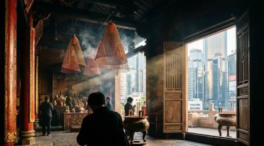 Ancient temple incense coils hanging with Hong Kong skyline visible through traditional doorway