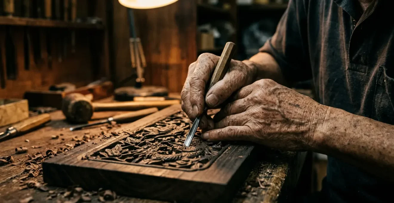 Master craftsperson's weathered hands delicately carving intricate patterns on traditional tiles in Hong Kong workshop