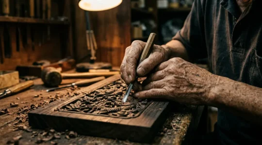 Master craftsperson's weathered hands delicately carving intricate patterns on traditional tiles in Hong Kong workshop