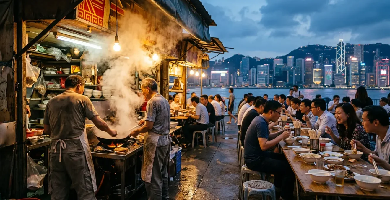 Vibrant Hong Kong night market street food scene with steaming dim sum and roast goose