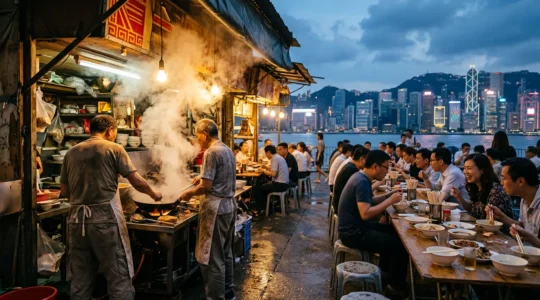 Vibrant Hong Kong night market street food scene with steaming dim sum and roast goose