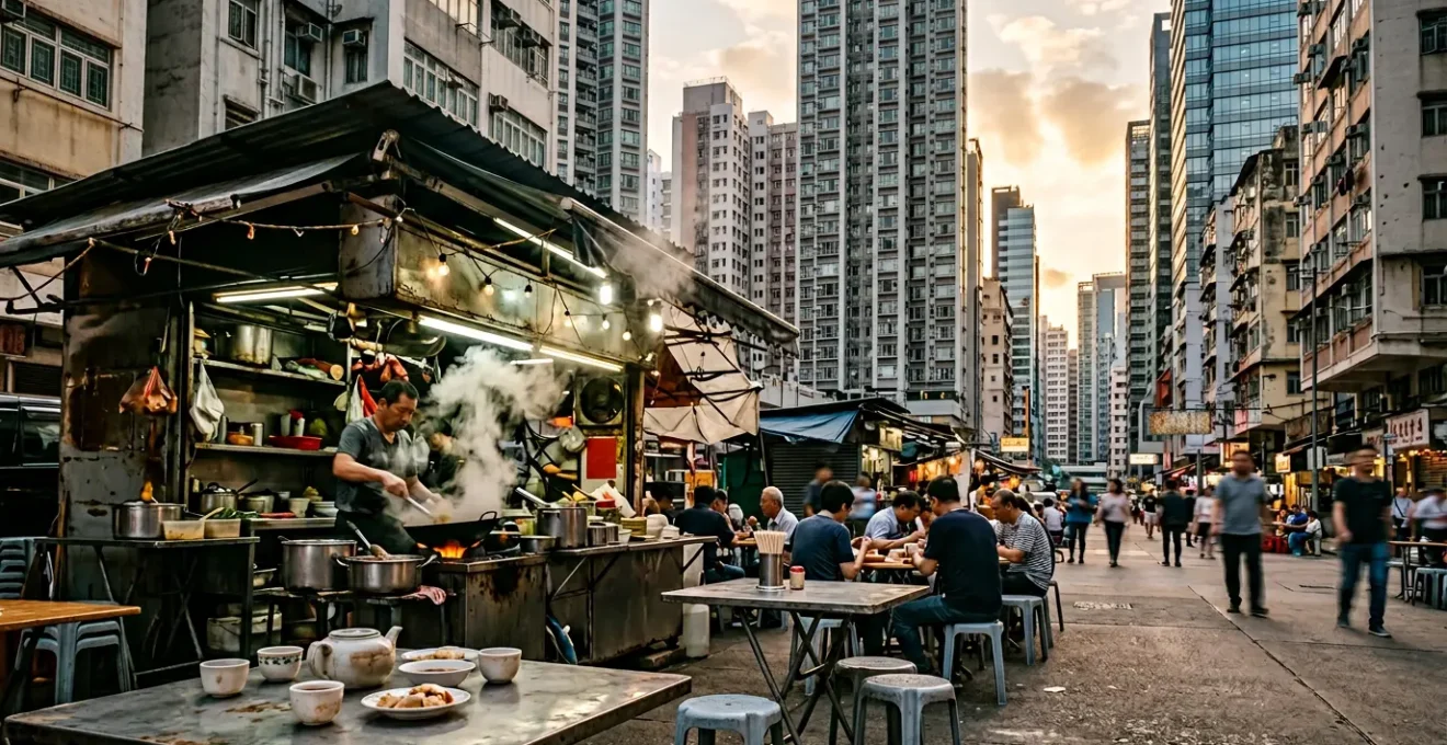 Traditional Hong Kong street food scene blending heritage recipes with modern city backdrop