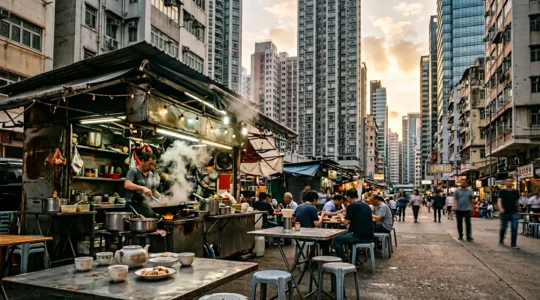 Traditional Hong Kong street food scene blending heritage recipes with modern city backdrop