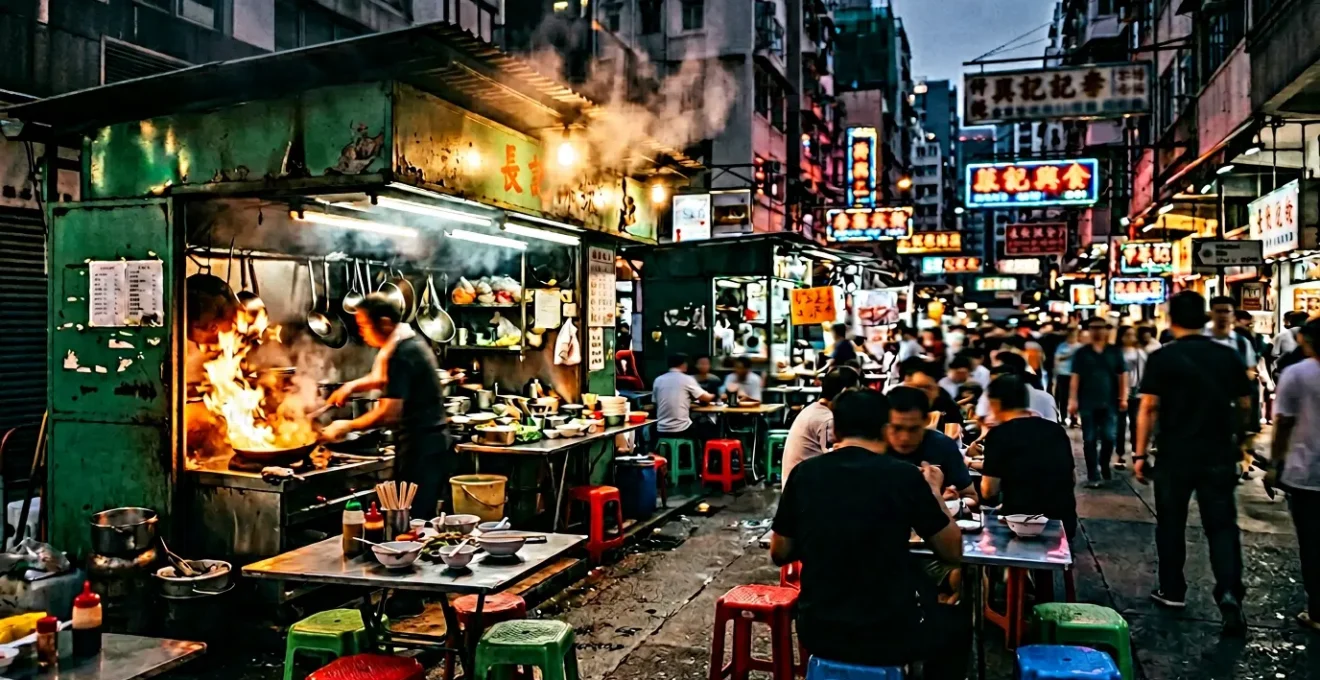 Vibrant street food scene at a Hong Kong dai pai dong with wok flames and diners