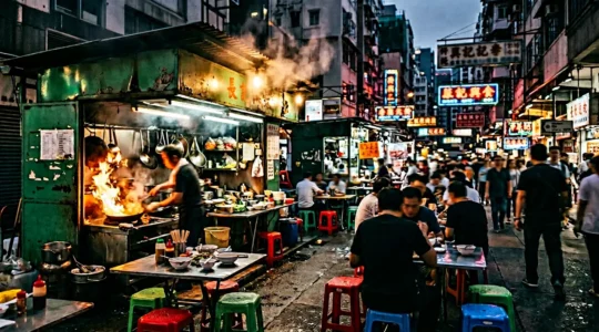 Vibrant street food scene at a Hong Kong dai pai dong with wok flames and diners