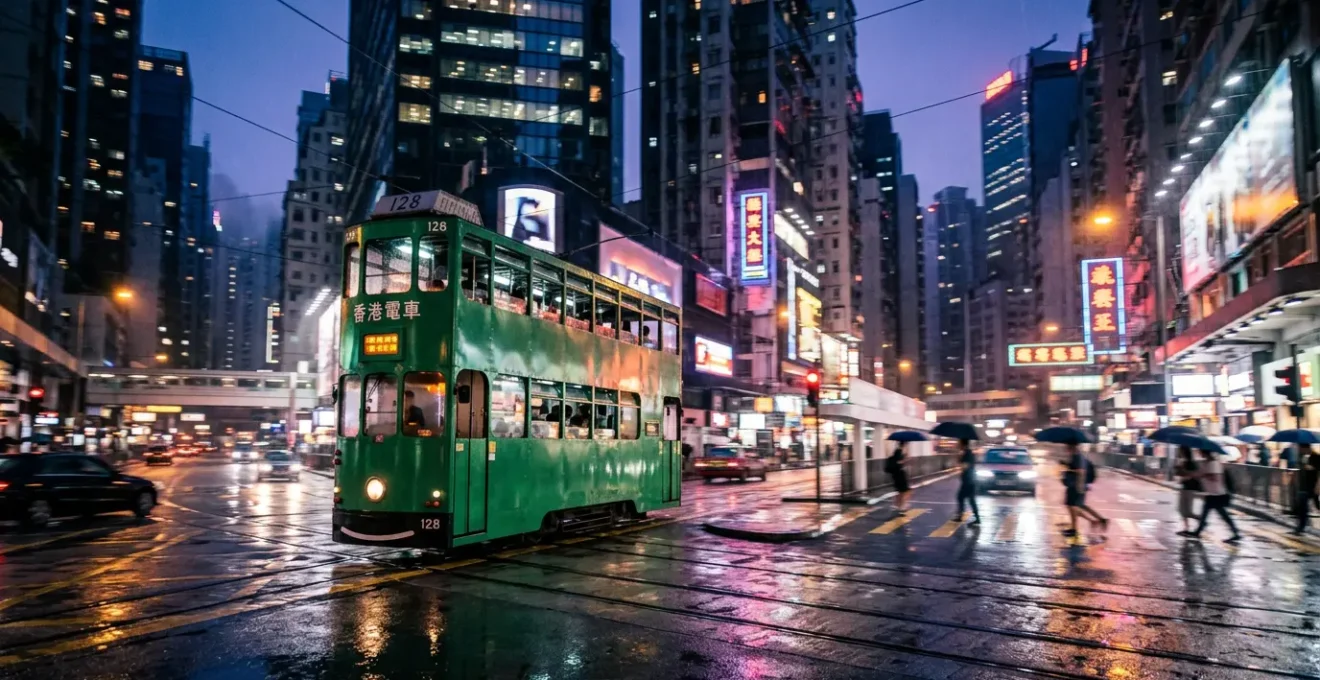 Hong Kong double-decker tram illuminated at night with neon reflections on wet streets