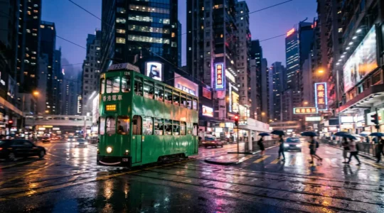 Hong Kong double-decker tram illuminated at night with neon reflections on wet streets