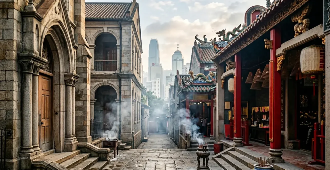 Dramatic juxtaposition of colonial European architecture and traditional Chinese temple in Hong Kong's urban landscape