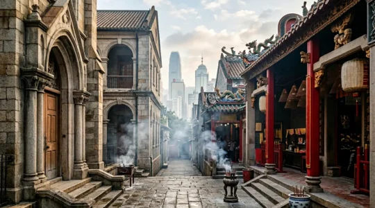 Dramatic juxtaposition of colonial European architecture and traditional Chinese temple in Hong Kong's urban landscape