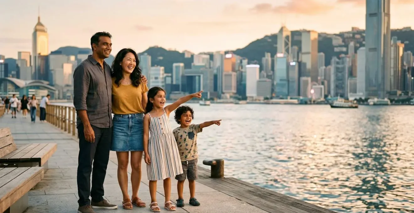 Family enjoying Hong Kong's vibrant waterfront with children pointing at the skyline