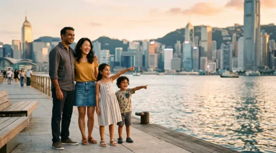 Family enjoying Hong Kong's vibrant waterfront with children pointing at the skyline