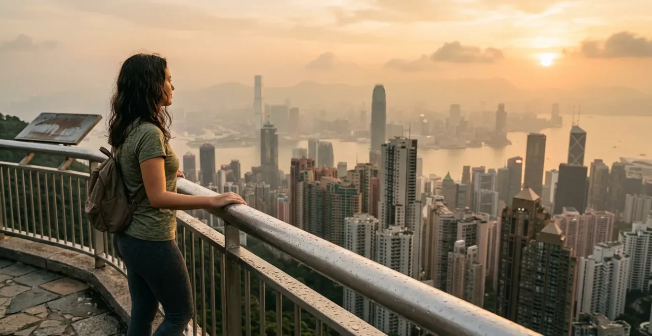 Traveler adapting to Hong Kong's humid summer climate with Victoria Peak backdrop
