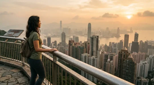 Traveler adapting to Hong Kong's humid summer climate with Victoria Peak backdrop
