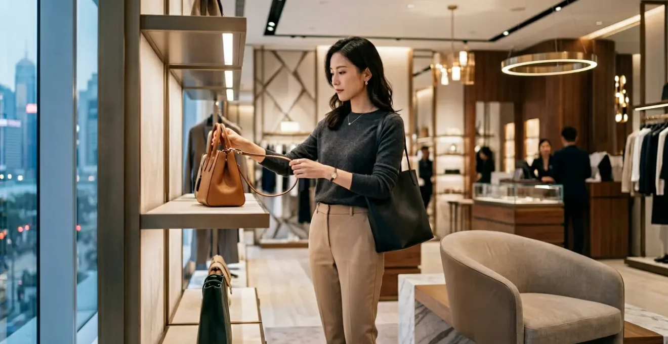 Stylish shoppers browsing luxury boutiques in Hong Kong's Harbour City mall with modern architecture and harbor views in the background