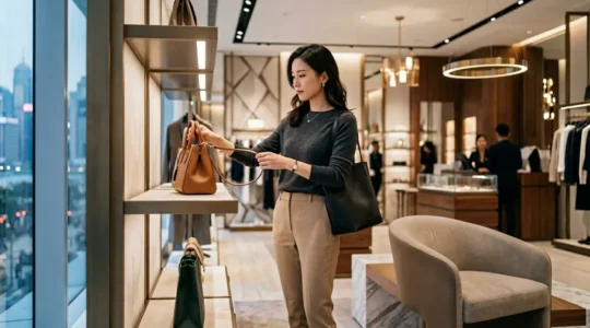 Stylish shoppers browsing luxury boutiques in Hong Kong's Harbour City mall with modern architecture and harbor views in the background