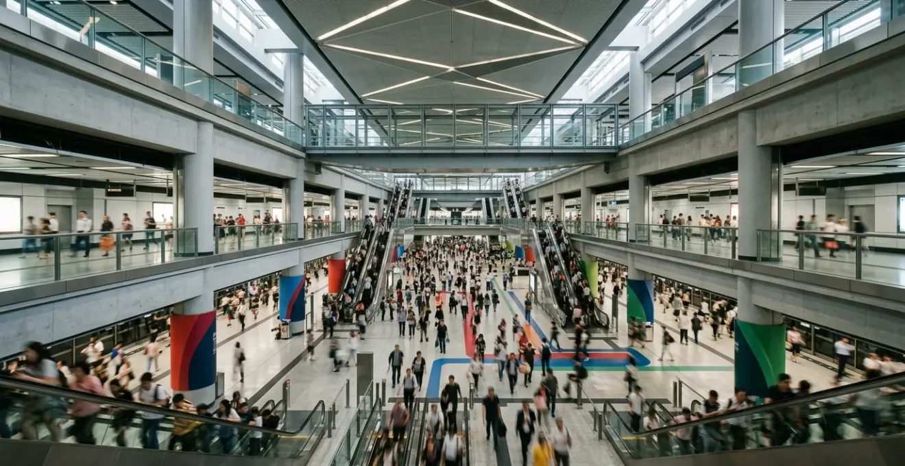 Hong Kong MTR station navigation system with colorful directional signs and passengers