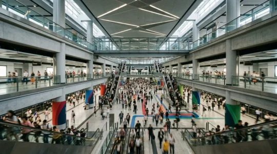 Hong Kong MTR station navigation system with colorful directional signs and passengers