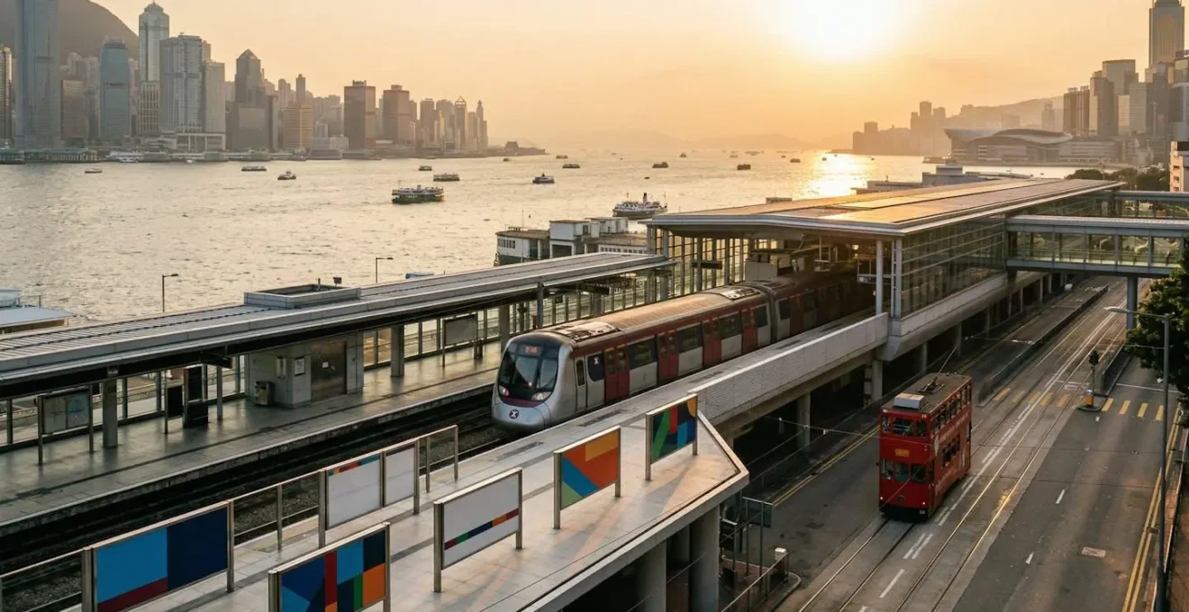 Hong Kong public transport system with MTR train, double-decker tram and harbor view