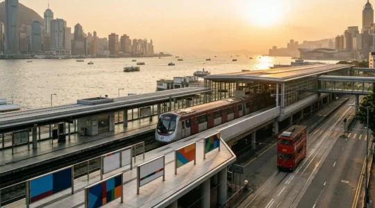Hong Kong public transport system with MTR train, double-decker tram and harbor view