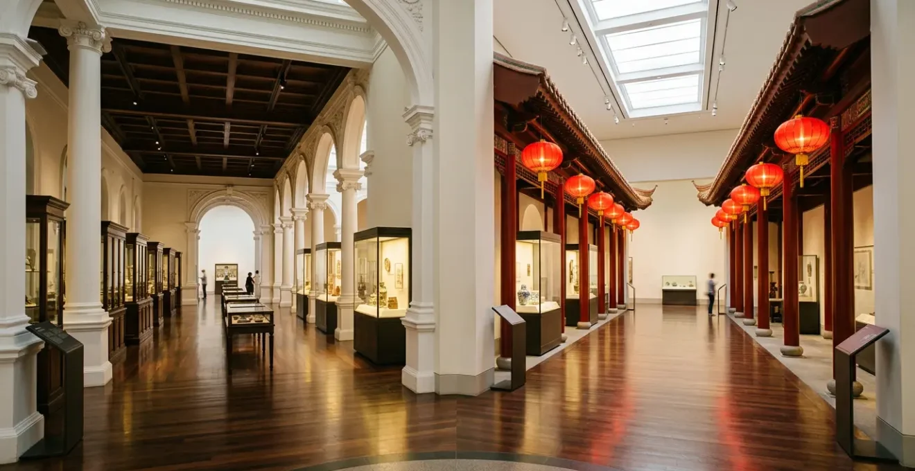 Hong Kong museum gallery with dual narrative displays showing both colonial and Chinese perspectives