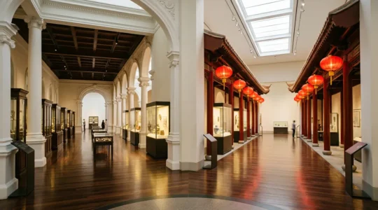Hong Kong museum gallery with dual narrative displays showing both colonial and Chinese perspectives