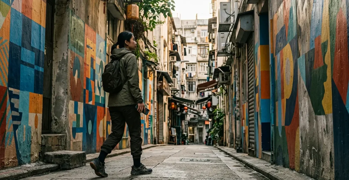 Street art explorer navigating Sheung Wan's colorful alleyways with murals