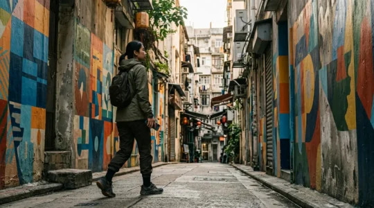 Street art explorer navigating Sheung Wan's colorful alleyways with murals
