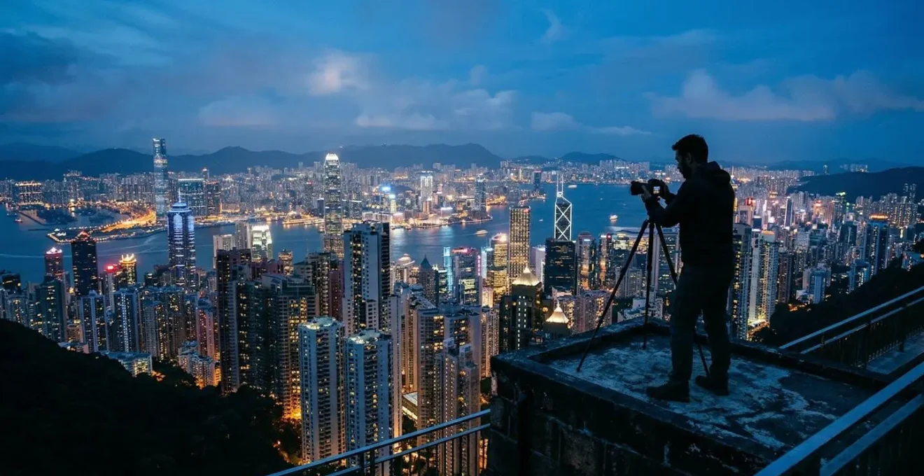 Photographer capturing Hong Kong skyline at blue hour from elevated viewpoint