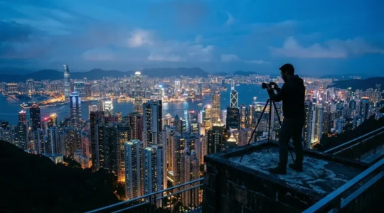 Photographer capturing Hong Kong skyline at blue hour from elevated viewpoint