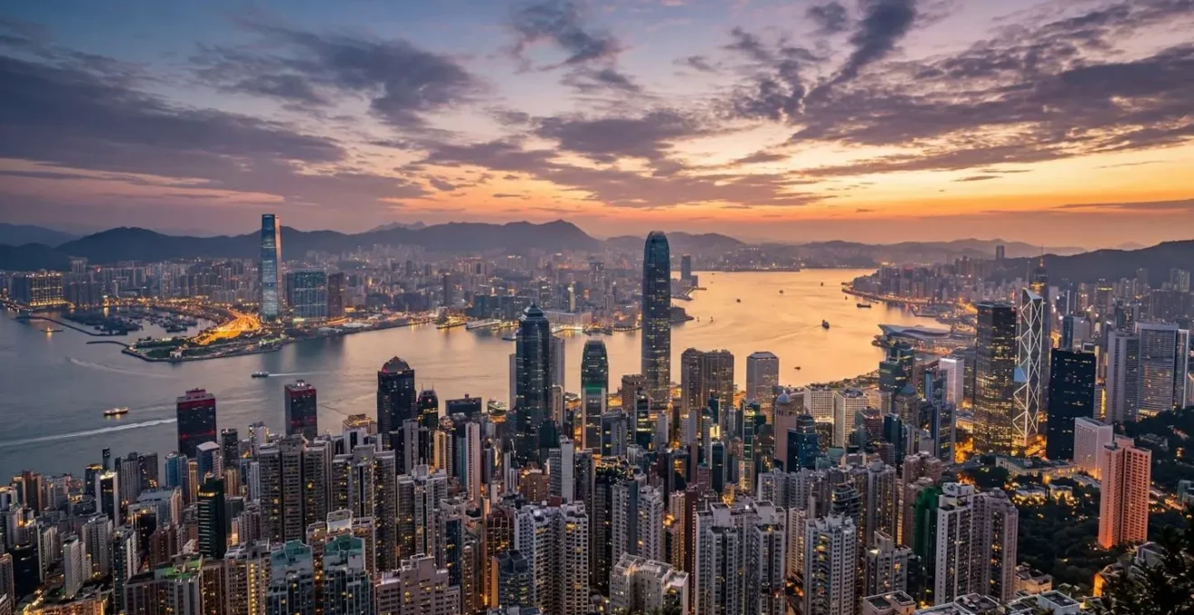 Dramatic twilight view of Hong Kong's iconic skyline from Victoria Peak