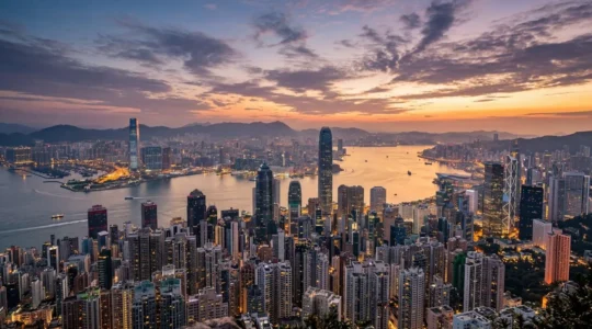 Dramatic twilight view of Hong Kong's iconic skyline from Victoria Peak