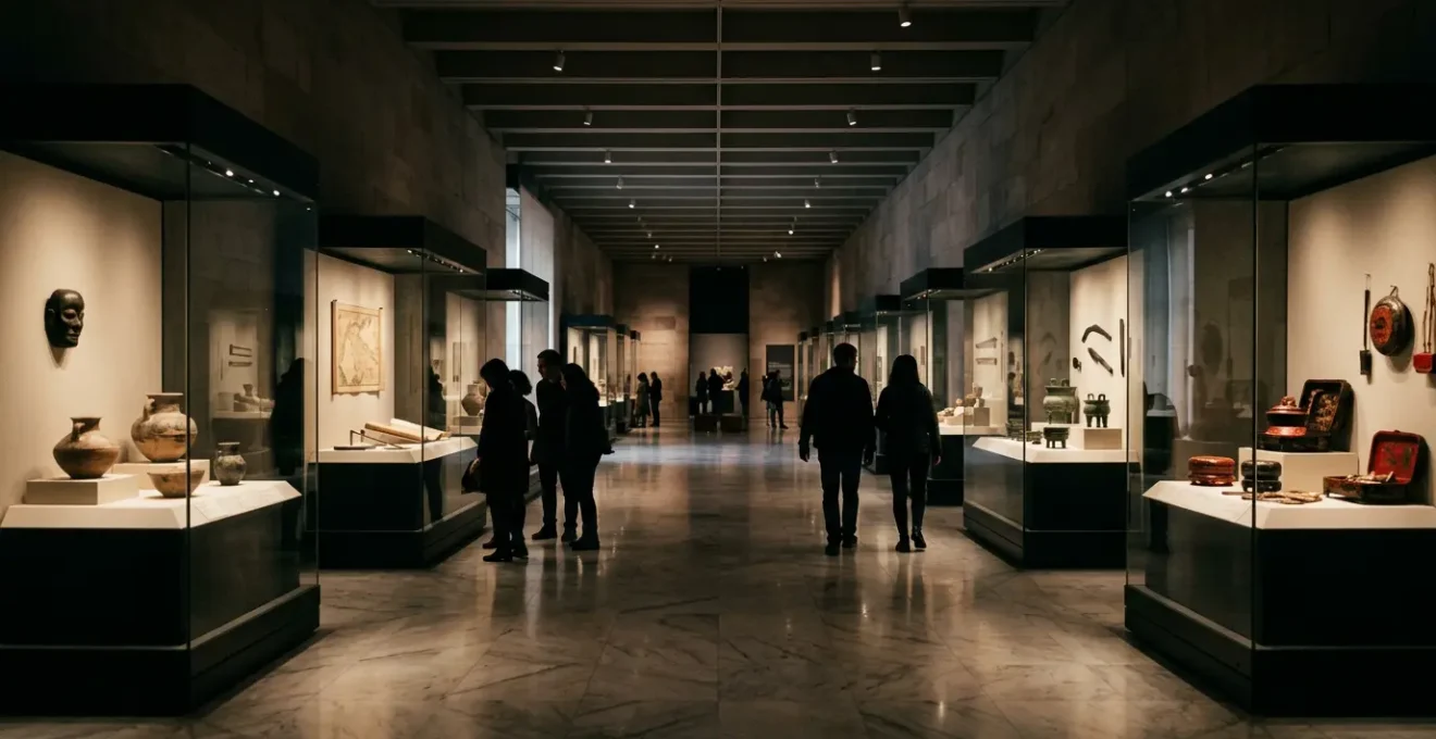 Wide view of Hong Kong Museum of History exhibit featuring historical artifacts and visitors exploring displays