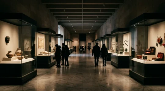 Wide view of Hong Kong Museum of History exhibit featuring historical artifacts and visitors exploring displays
