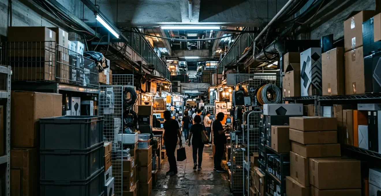 Bustling electronics market corridor with stacked gadget boxes and neon signage in Hong Kong