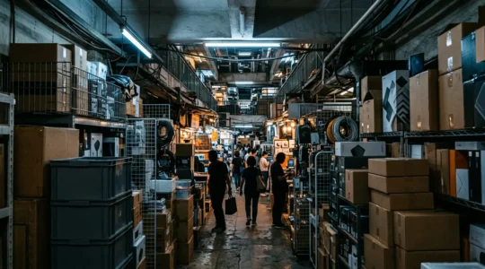 Bustling electronics market corridor with stacked gadget boxes and neon signage in Hong Kong