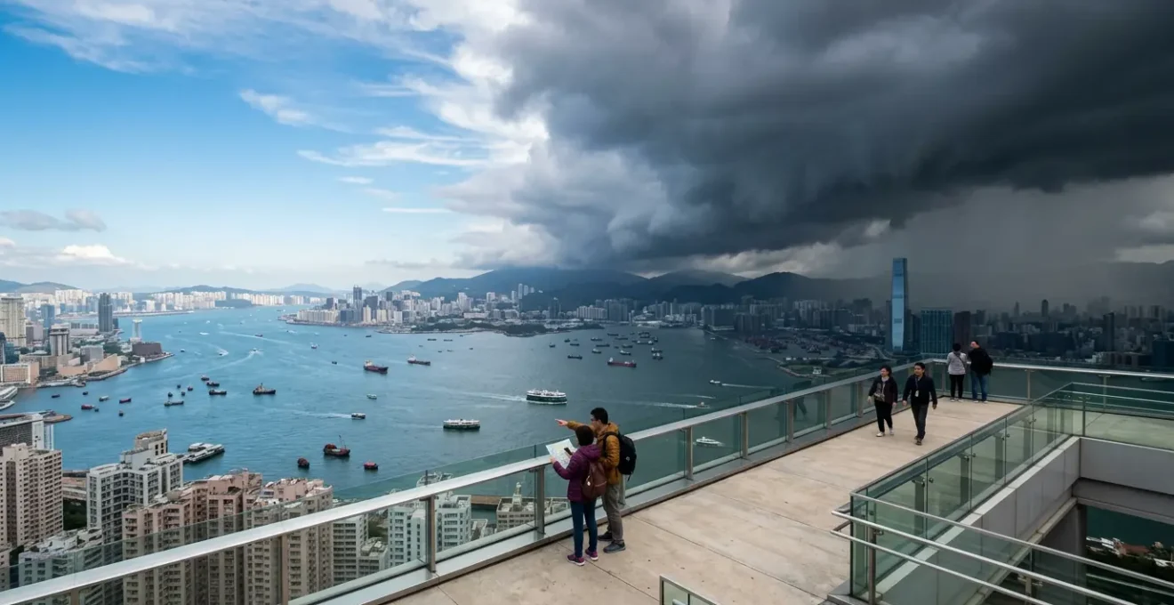 Hong Kong travelers checking weather at Victoria Peak with approaching storm clouds