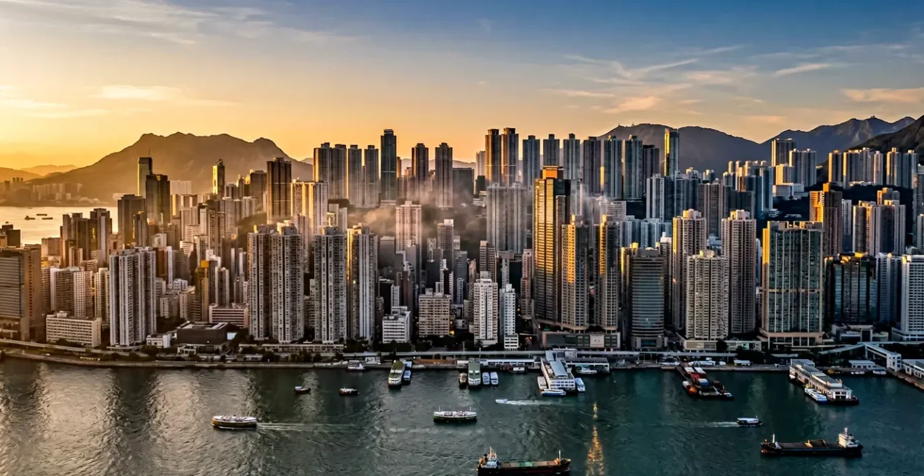 Dramatic aerial view of Hong Kong's ultra-dense vertical cityscape with towering residential buildings at dusk