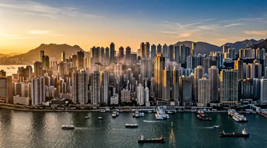 Dramatic aerial view of Hong Kong's ultra-dense vertical cityscape with towering residential buildings at dusk