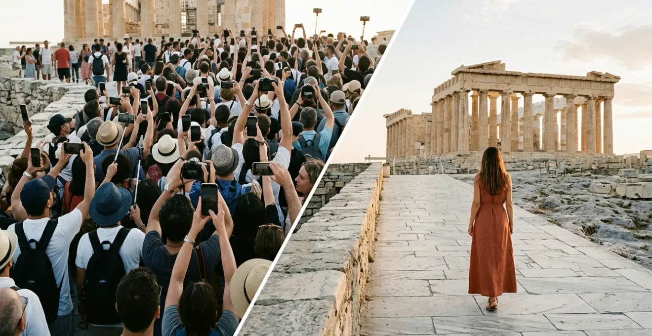 Split composition showing crowded tourist photo spot versus edited social media version