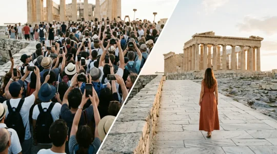 Split composition showing crowded tourist photo spot versus edited social media version