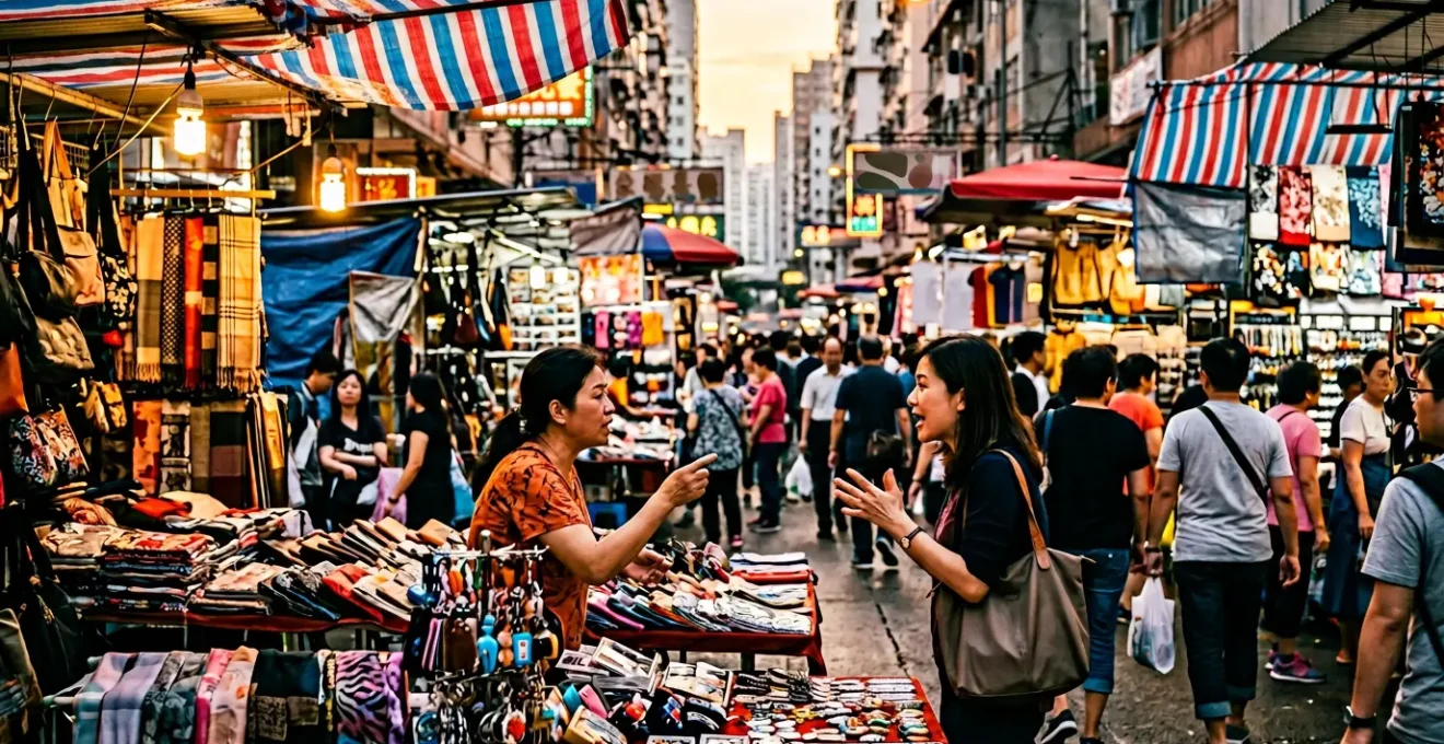 Vibrant street market scene at Ladies' Market Hong Kong with vendors and shoppers negotiating