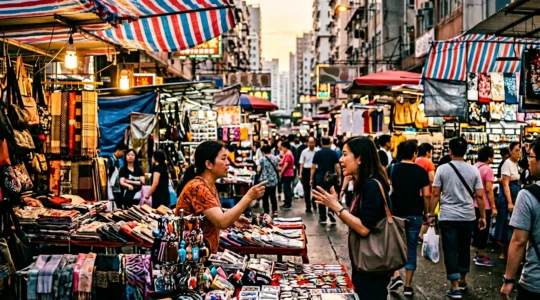 Vibrant street market scene at Ladies' Market Hong Kong with vendors and shoppers negotiating