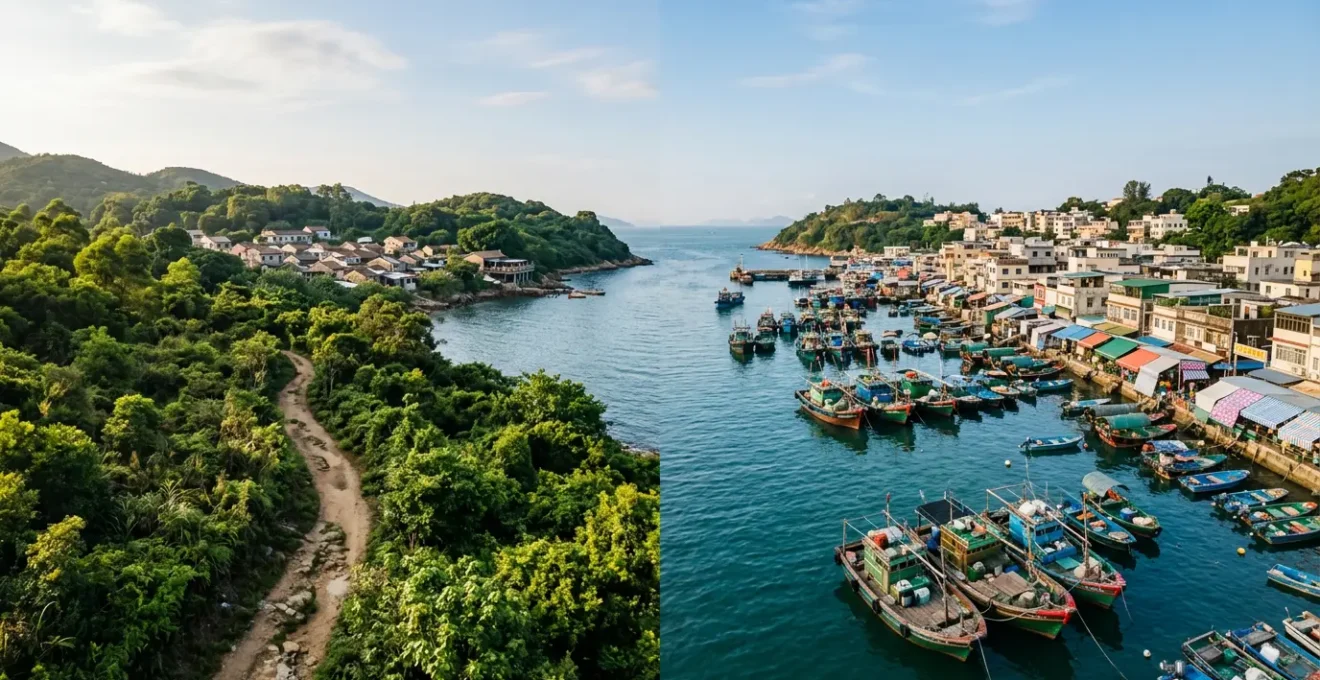 Split view of Lamma Island's bohemian cafes and Cheung Chau's traditional fishing boats