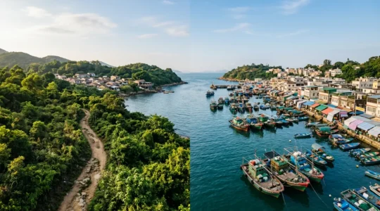 Split view of Lamma Island's bohemian cafes and Cheung Chau's traditional fishing boats